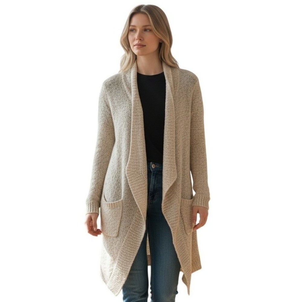 BP Cozy Neutral Speckled Knit Cotton Wool Waterfall‎ Cardigan S Open Front Drape